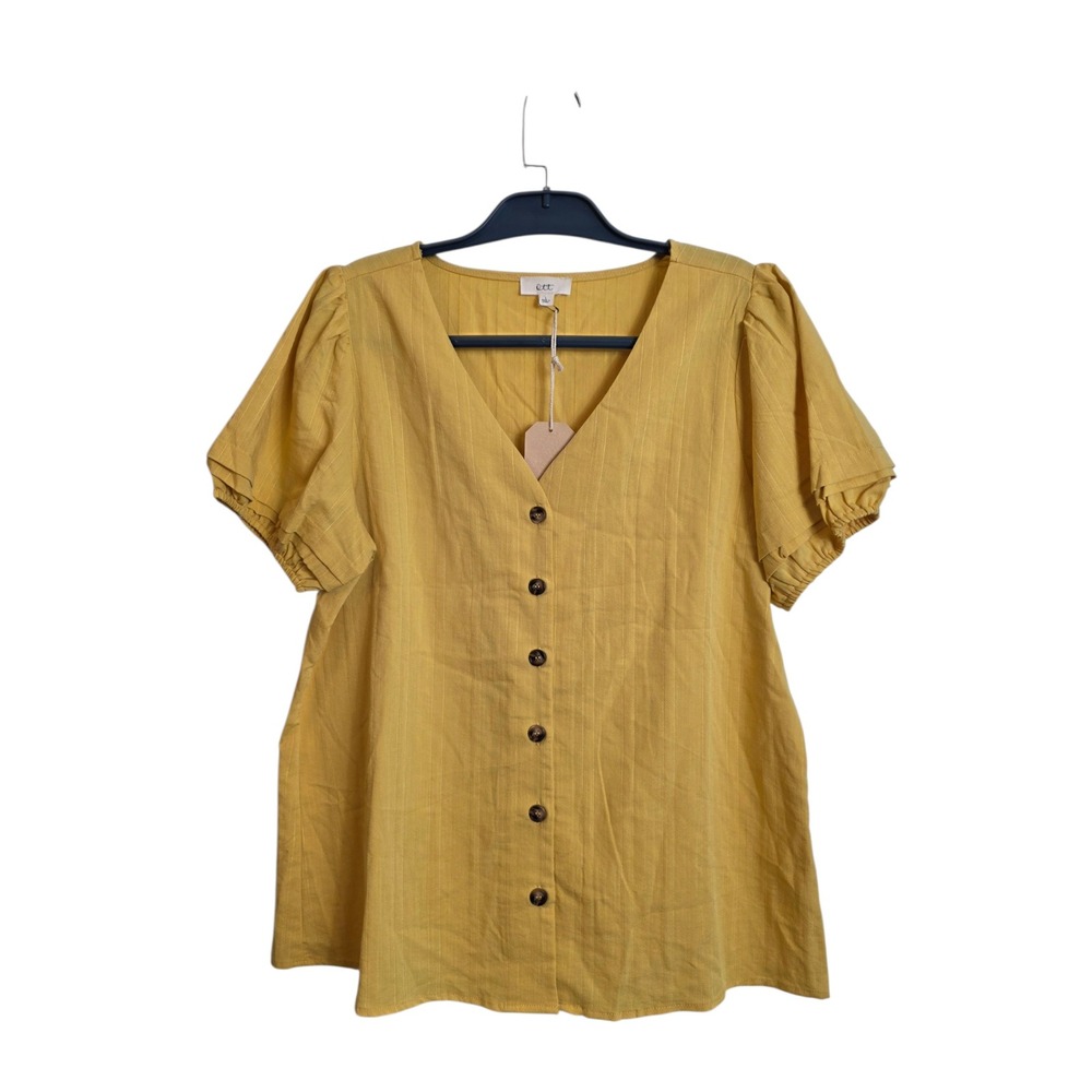 Ott Womens Mustard Yellow Button Front Puff Sleeve Blouse Large NEW - Picture 3 of 13